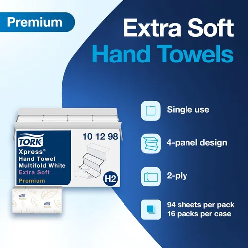 Miniatura 3 de Tork Extra Soft Multifold Hand Towels White with Blue Leaf Print, H2 Dispenser Compatible 16 Packs x 94 Towels (101298)