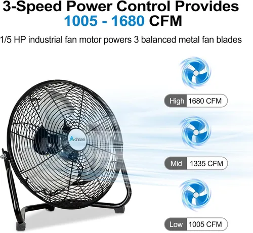Miniatura 3 de ACHAZEL Ventilador de piso de alta velocidad de 12 pulgadas, ventilador de metal resistente de 3 velocidades con inclinación de 180°, comercial