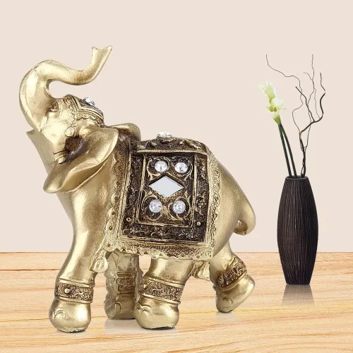 Miniatura 4 de Elegante estatua dorada de elefante, escultura respetuosa con el medio ambiente, fortuna para regalos de decoración del hogar (9 x 9)