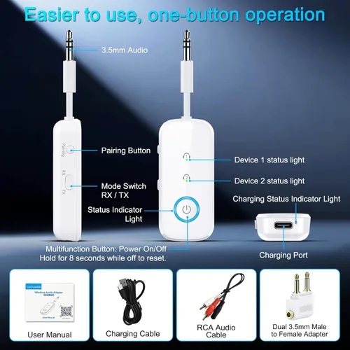 Miniatura 9 de Transmisor Receptor Bluetooth 5.4 Premium Pro, Adaptador de Audio para Avión, Transmisor Inalámbrico para TV/Vuelo de Viaje, Aerolínea, Gimnasio.