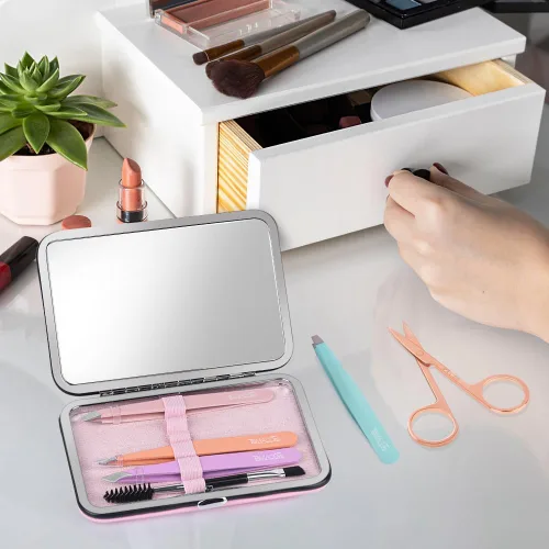 Miniatura 6 de TsMADDTs Pinzas para cabello facial para mujer, juego de pinzas de precisión con estuche de viaje, acero inoxidable con tijera, espejo