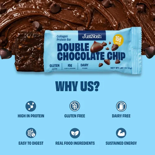 Miniatura 7 de JUSTNOSH Double: barras de proteína de colágeno con chispas de chocolate, 0.55 onzas de proteína, 0.35 onzas de colágeno, sin gluten y lácteos