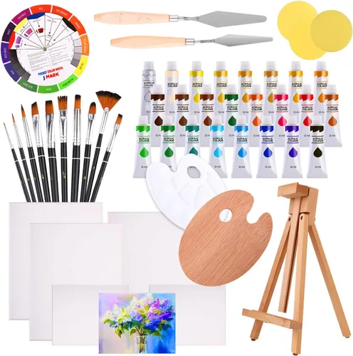 J MARK Kit de pintura de lujo para adultos, 48 piezas, incluye caballete de madera ajustable, lienzos gruesos, pinturas acrílicas, juego de