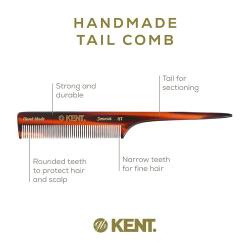 Miniatura 4 de Kent Peines de cola de rata 8T para peinar y seccionar, peine de dientes finos hechos a mano para trenzar el cabello y peinar para mujeres, corte