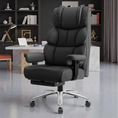 Miniatura 7 de BestGlory Silla de escritorio de oficina, silla de juegos de cuero grande y alta con reposapiés, sillas de computadora reclinables ejecutivas Negro