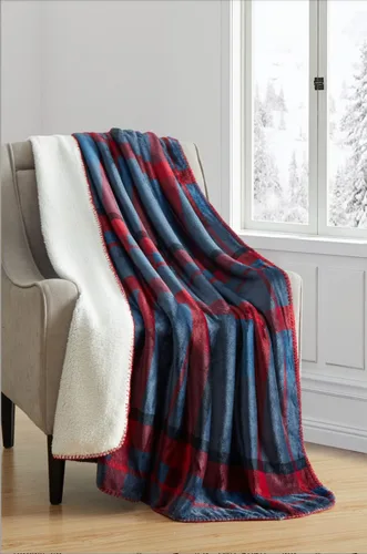 Miniatura 3 de Serafina Home Manta de franela de invierno Sherpa para vacaciones: diseño a cuadros de tartán rojo y azul, forro polar mullido, felpa cálida, acento