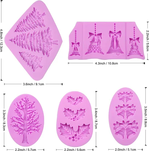 Miniatura 2 de Molde de silicona para árbol de pino, moldes de fondant de campanas de Navidad, molde para hornear chocolate con hojas de acebo para decoración
