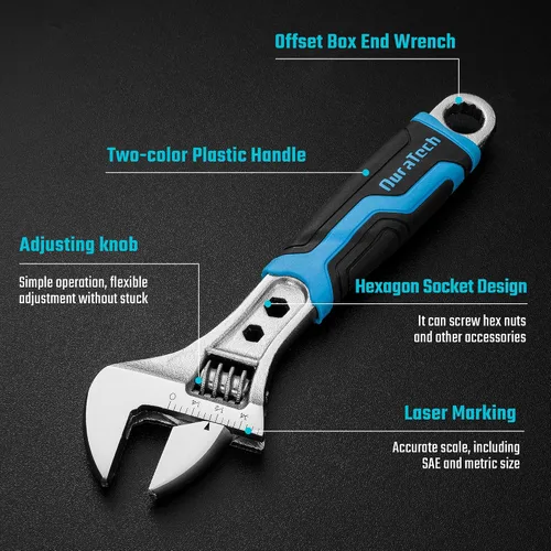 Miniatura 2 de DURATECH - Llave ajustable de 6 pulgadas, llave combinada 3 en 1 con extremo de caja/función hexagonal, acero CR-V, escalas métricas y SAE, cromada