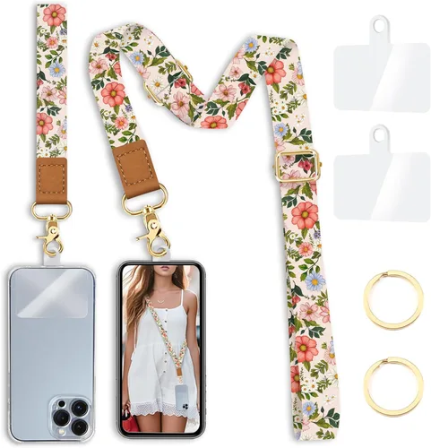 Miniatura 15 de Cordón cruzado para teléfono celular con correa para la muñeca, diseño de flores, para colgar alrededor del cuello, correa floral ajustable