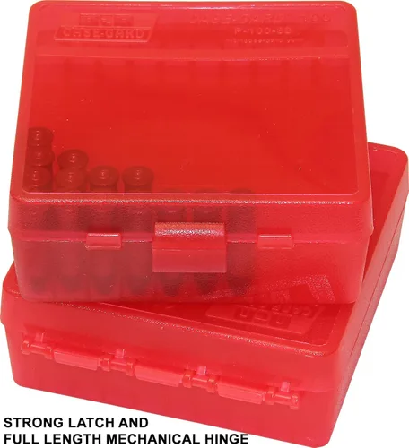 Miniatura 3 de MTM caja para 100 municiones redondas con tapa plegable para pistolas de calibre 38/357 Transparente Rojo
