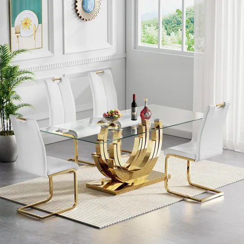Miniatura 22 de Juego de mesa de comedor de cristal dorado moderno de 70 pulgadas para 4, juego de mesa rectangular de 5 piezas con base de acero en forma de anillo