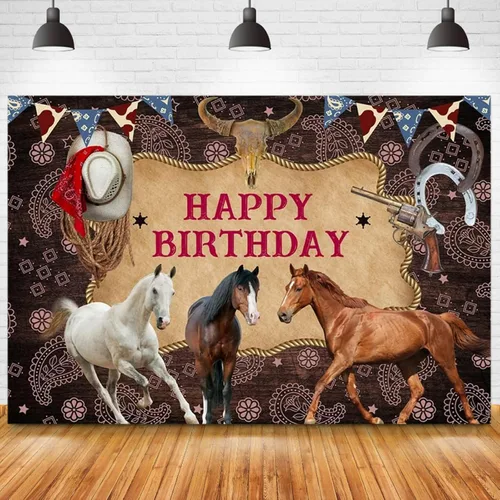 Miniatura 2 de Decoración de cartel de celebración de caballo para fiesta de cumpleaños, telón de fondo estable del salvaje oeste, fondo de fotos de baby shower