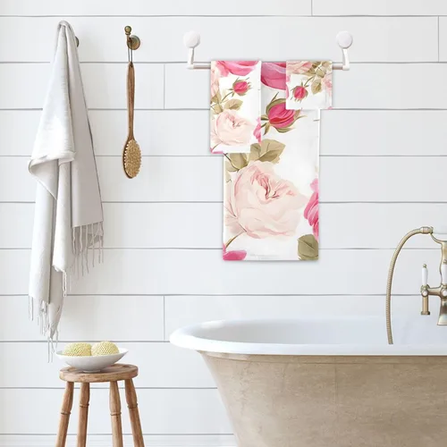 Miniatura 5 de susiyo Juego de toallas de baño de 3 piezas, suaves y altamente absorbentes, hermosas toallas de baño florales rosas rosas toallas de baño, toallas