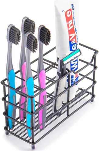 Soporte de acero inoxidable para cepillo de dientes y pasta de dientes para baño – Organizador de 7 ranuras en negro, almacenamiento higiénico que