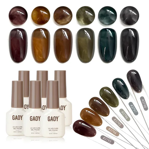 GAOY Esmalte de uñas en gel oscuro de 6 colores gelatina lechosa marrón verde negro, kit de esmalte en gel para manicura de salón y nail art
