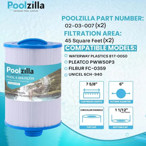 Miniatura 2 de Poolzilla Paquete de 1 repuesto para filtro de spa PWW50P3 (rosca gruesa de 1 1/2 pulgadas), Unicel 6CH-940, 817-0050, Filbur FC-0359, 25252