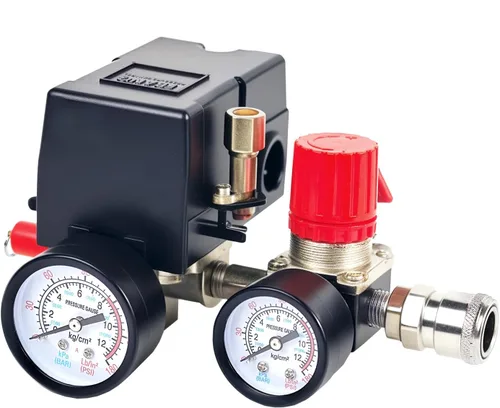 Válvula de control del interruptor de presión del compresor de aire, regulador de presión 90-120PSI con conjunto de accesorios de manómetros