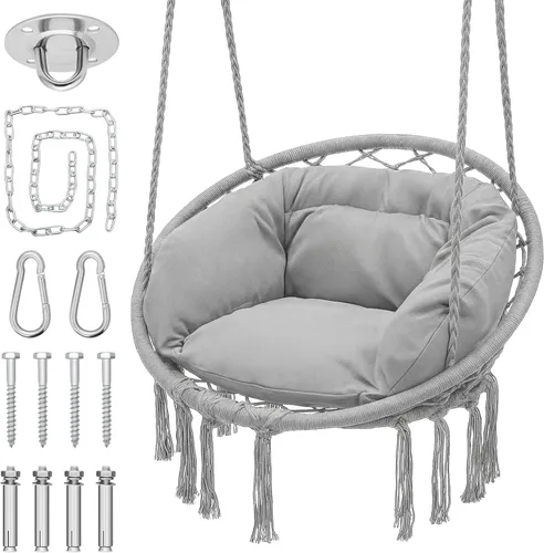 Miniatura 11 de Monibloom Silla hamaca colgante, silla columpio de macramé con cojín, capacidad de 350 libras para adultos y adolescentes, para porche al aire Beige