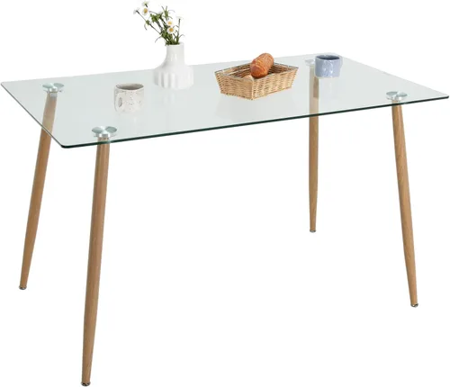 Moccha - Mesa de comedor de cristal de 51 pulgadas, mesa rectangular moderna con amplia mesa de vidrio templado y patas de metal de grano de madera,