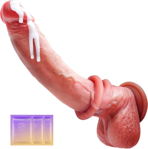 Juguetes sexuales consolador, consoladores realistas de 10.3 pulgadas con bolas exprimibles y prepucio móvil, juguete sexual de silicona realista