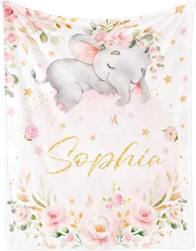Miniatura 40 de Manta de bebé de elefante personalizada con nombre para niño, manta de nombre personalizada para niño recién nacido, manta de franela suave, regalo