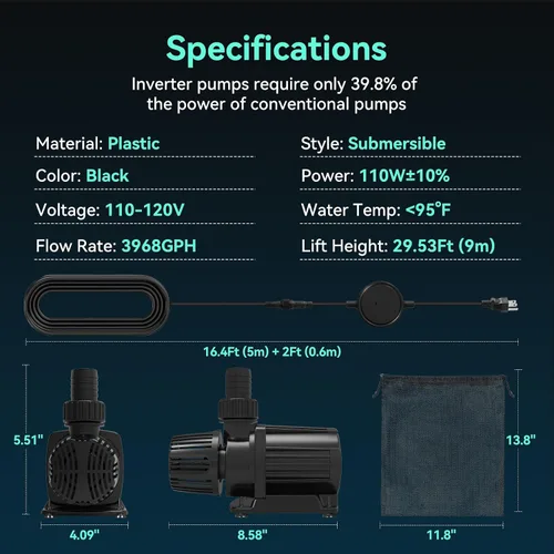 Miniatura 8 de Bomba de agua sumergible 3968 GPH, bomba de estanque de 110 W con 29.6 pies. Altura de elevación para piscina de estanque Koi, cascada, pecera