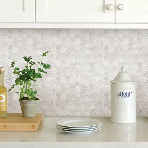 Miniatura 2 de In Home InHome NH2359 - Azulejos hexagonales de mármol para salpicaduras, color blanco y blanco roto