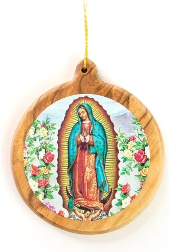 Miniatura 6 de Adornos de Navidad católicos – Sagrada Familia Bizantina Icono Redondo Adornos de Madera de Olivo de Tierra Santa – Pequeños adornos de Navidad