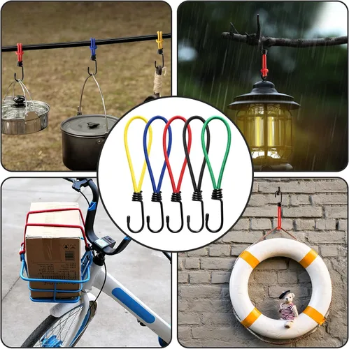 Miniatura 4 de Cuerda elástica pequeña de 7 pulgadas con ganchos, cuerdas elásticas negras resistentes al aire libre con ganchos para camping, lonas, tiendas