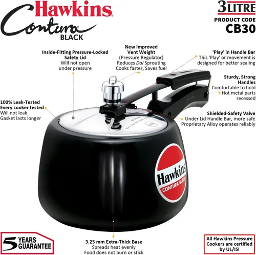 Miniatura 8 de Hawkins Olla de presión Contura de 3 litros, color negro, con tapa interior anodizada dura, modelo Handi, color negro (CB30)