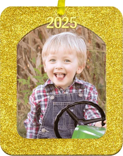 Adornos de foto 2025 para árbol de Navidad, adorno de marco navideño con purpurina brillante, diseño magnético de carga fácil, incluye cinta de
