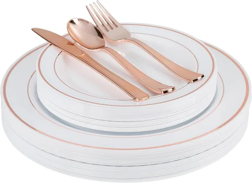 Miniatura 4 de Exquisite Juego de 200 platos y cubiertos de plástico desechables pesados para fiestas, incluye 40 platos llanos, 40 platos de postre y 40 piezas