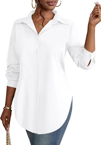 Miniatura 12 de Rooscier Blusa larga con cuello en V para mujer, manga larga, abertura lateral, con botones