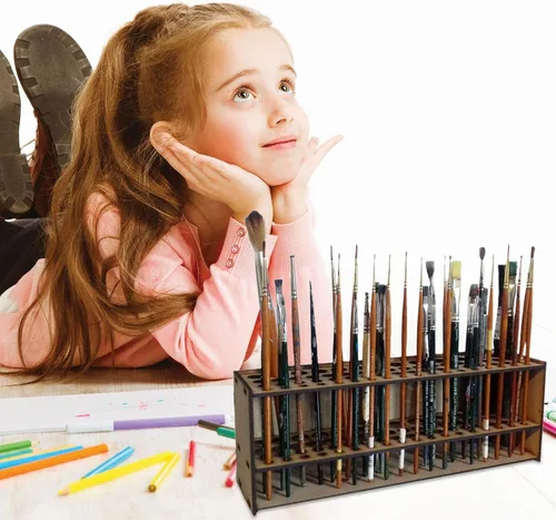 Miniatura 7 de Organizador de pinceles de madera para pintura, soporte de almacenamiento de 67 agujeros, soporte para pinceles de arte para niños