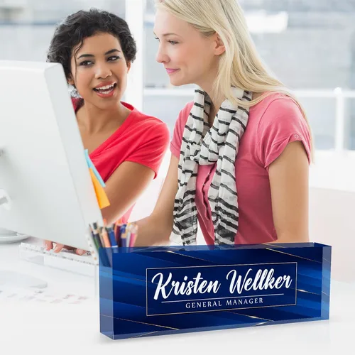 Miniatura 5 de Placa de identificación personalizada para escritorio, decoración de escritorio de oficina, placa personalizada de estilo 3D para escritorios, Azul