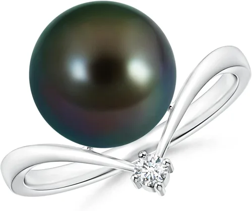 Angara Anillo solitario de perlas cultivadas de Tahití natural para mujeres, niñas en plata de ley, oro macizo de 14 quilates, regalo de joyería de