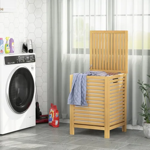 Miniatura 2 de Homykic Cesta de lavandería de bambú con tapa, clasificador grande de ropa de 120L con bolsa de forro de 2 secciones extraíble, organizador de cesta