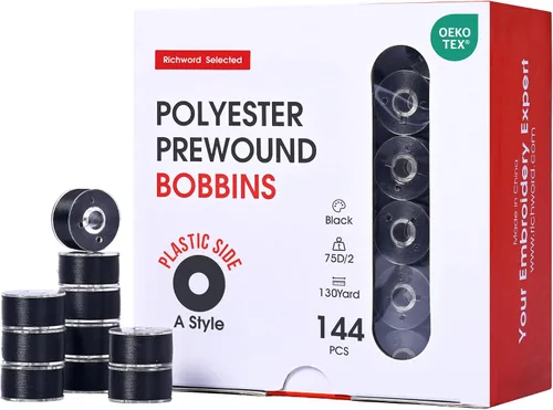 Miniatura 11 de Poolin Bobinas preenrolladas Richword Selected 25 unidades, blanco + negro, tamaño A, lado de plástico, hilo de poliéster 70D/2 (60WT) para máquina