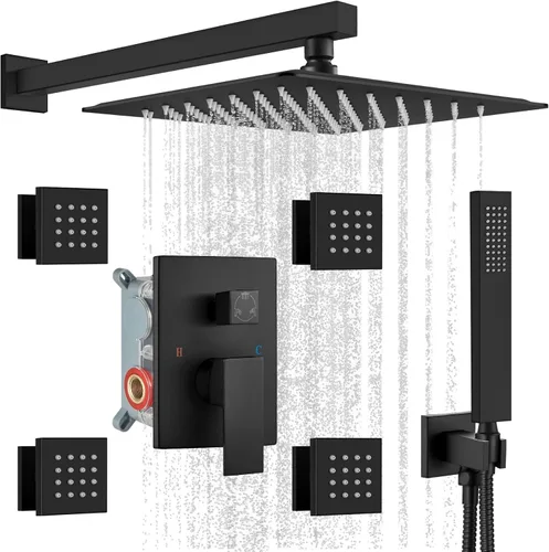 Miniatura 12 de gotonovo Grifo de ducha con chorros de cuerpo completo, mezclador de lluvia, cabezal de ducha de lluvia de 12 pulgadas y rociador de mano, válvula
