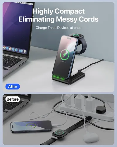 Miniatura 3 de Intoval Estación de carga inalámbrica 3 en 1 para iPhone y Apple Watch, soporte de cargador inalámbrico rápido, base de carga de escritorio compacta