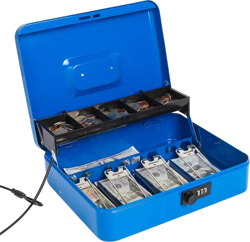 Miniatura 12 de Jssmst - Caja grande de seguridad para dinero con bandeja; caja con cerradura para dinero con cable de seguridad y cerradura de llave, de metal