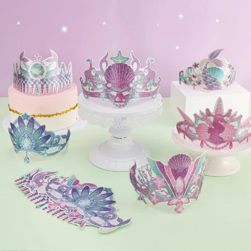 Miniatura 4 de WERNNSAI Coronas de fiesta de sirena, 12 piezas de decoración de fiesta de cumpleaños de sirena, coronas de princesa de papel con purpurina