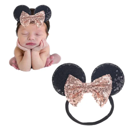 Miniatura 14 de Diadema de orejas de ratón con lazo de lentejuelas, banda elástica suave para el pelo, diadema de fiesta para bebés, niñas recién nacidas, niños