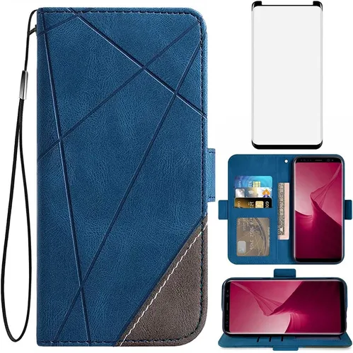 Asuwish Compatible con Samsung Galaxy S9 - Funda tipo cartera y protector de pantalla de vidrio templado, funda de cuero con tapa para tarjetero,