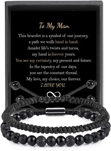 Miniatura 12 de Pulseras de cuentas negras para hombres y niños: 0.236 in de obsidiana ónix cuentas de lava para hombre conjunto de pulseras para hombre - Genial