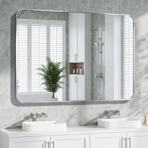 Miniatura 24 de Koonmi Espejo de baño, 30 x 30 pulgadas, espejo con marco de metal negro para baño, vidrio templado, antioxidante, espejo rectangular redondeado