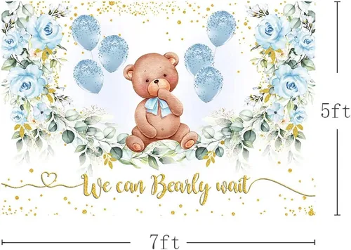 Miniatura 3 de MEHOFOND Fondo de fiesta de baby shower de oso de 7 x 5 pies, fondo azul floral para fotografía, puntos dorados con purpurina, globos azules bebé