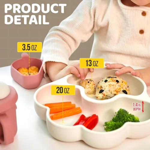 Miniatura 6 de MEOW Dry Rose - Placas de succión de silicona dividida para niños pequeños, placa de silicona antideslizante para bebés, suministros de destete LED