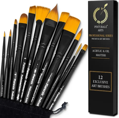 Pinturale Arts Juego de 12 pinceles de pintura acrílica profesional | Maestros de acrílico y óleo | Pinceles de pintura al óleo | Juego de pinceles