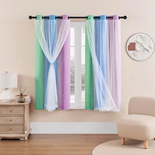 Miniatura 100 de XiDi Cortinas opacas con estrellas para habitaciones de niños, cortinas verdes para ventana de dormitorio de niños, azul y gris, 52 pulgadas de Azul